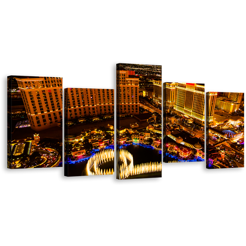 Venetian Hotel Canvas Wall Art, Beautiful Black Night Sky Canvas Print, Las Vegas Strip Gold Skyline 5 Piece Canvas