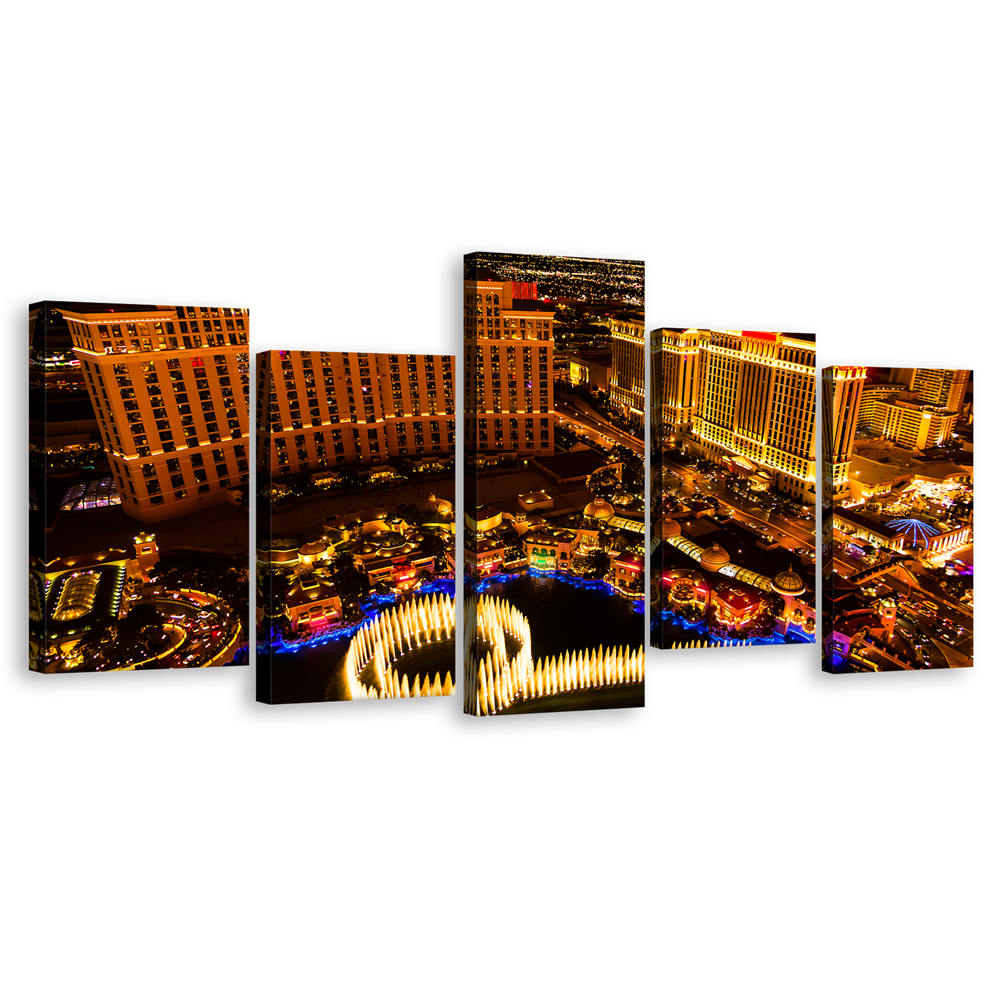 Venetian Hotel Canvas Wall Art, Beautiful Black Night Sky Canvas Print, Las Vegas Strip Gold Skyline 5 Piece Canvas