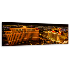 Load image into Gallery viewer, Venetian Hotel Canvas Wall Art, Las Vegas Strip Gold Skyline Panoramic Canvas Print, Beautiful Black Night Sky 1 Piece Canvas Artwork
