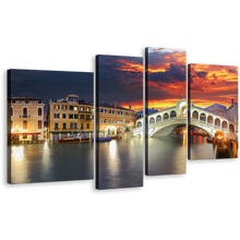 Load image into Gallery viewer, Venice Bridge Canvas Wall Art, Dramatic Orange Cloudy Sunset Sky Canvas Print, Beautiful Ponte Rialto 4 Piece Canvas, Grey Italy Gondola Seascape Canvas Set
