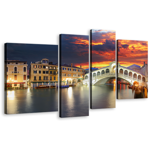 Venice Bridge Canvas Wall Art, Dramatic Orange Cloudy Sunset Sky Canvas Print, Beautiful Ponte Rialto 4 Piece Canvas, Grey Italy Gondola Seascape Canvas Set