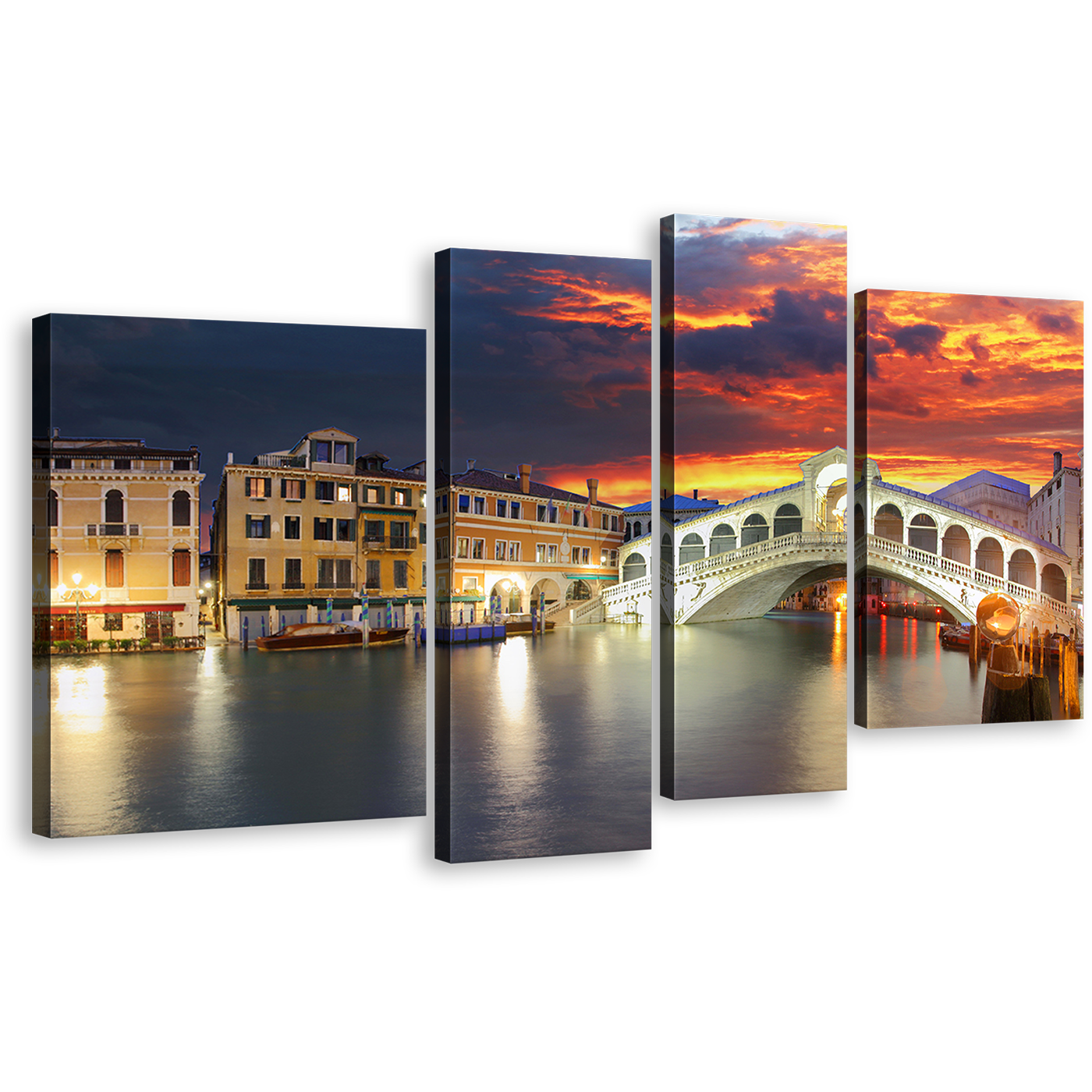 Venice Bridge Canvas Wall Art, Dramatic Orange Cloudy Sunset Sky Canvas Print, Beautiful Ponte Rialto 4 Piece Canvas, Grey Italy Gondola Seascape Canvas Set