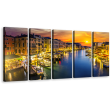 Load image into Gallery viewer, Venice City Canvas Print, Blue Grand Canal River 5 Piece Wall Art, Italy Boats Orange Sunset Sky Canvas Set
