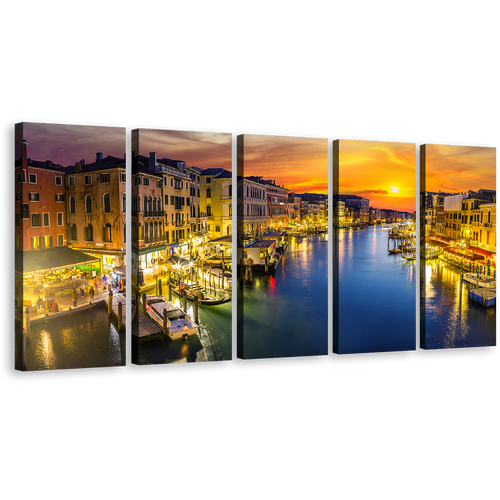 Venice City Canvas Print, Blue Grand Canal River 5 Piece Wall Art, Italy Boats Orange Sunset Sky Canvas Set