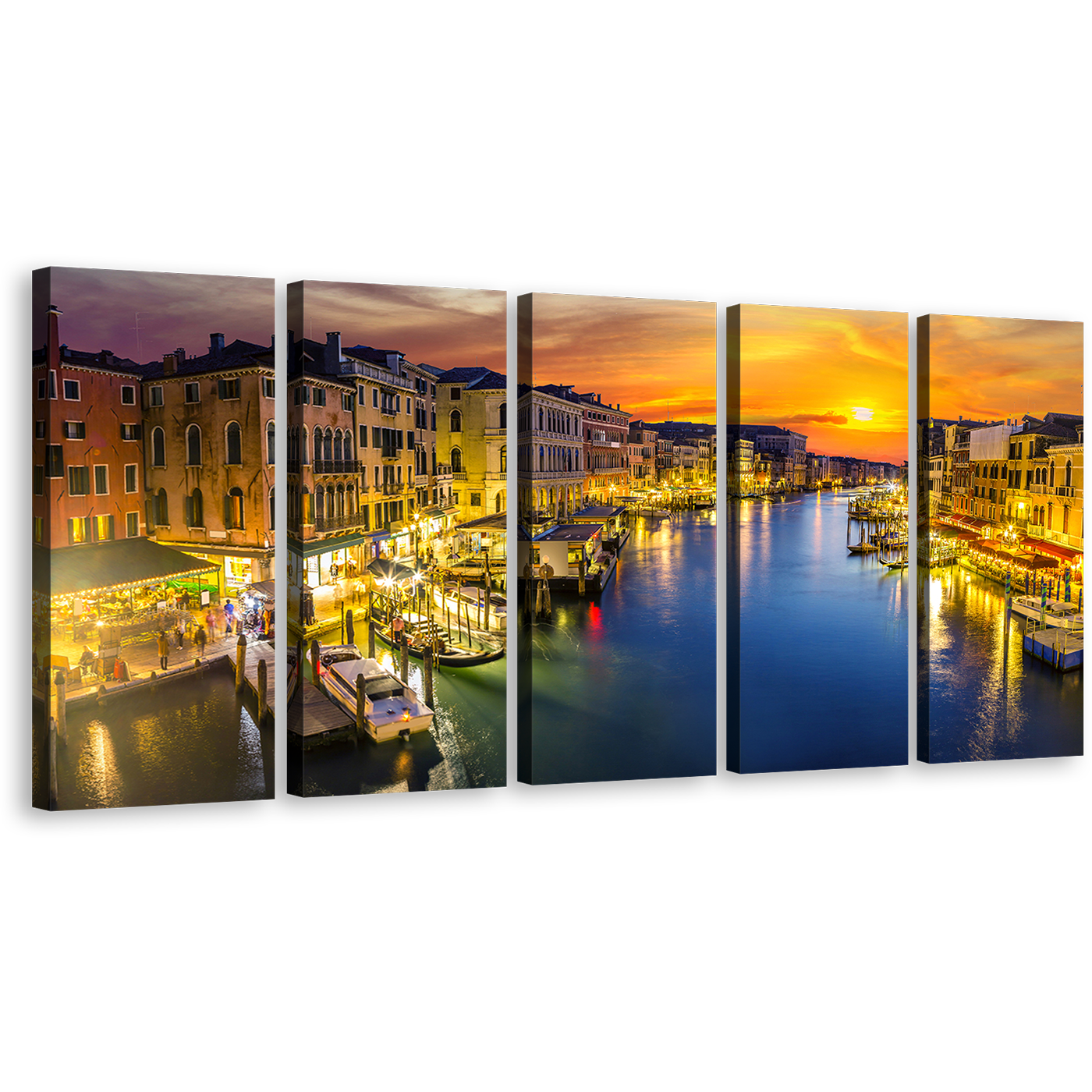 Venice City Canvas Print, Blue Grand Canal River 5 Piece Wall Art, Italy Boats Orange Sunset Sky Canvas Set