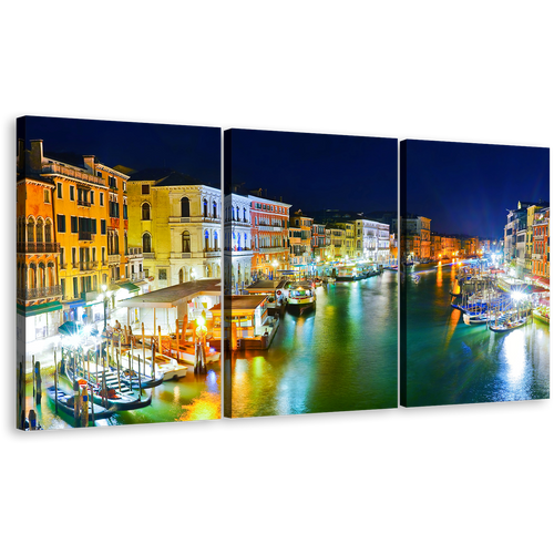 Venice Harbor Canvas Print, Yellow Orange Grand Canal City 3 Piece Canvas Wall Art, Italy Blue Sky Triptych Canvas Set