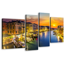 Load image into Gallery viewer, Venice Sunset Canvas Print, Beautiful Orange Italy Sky Wall Art, Blue Grand Canal River 4 Piece Multi Canvas
