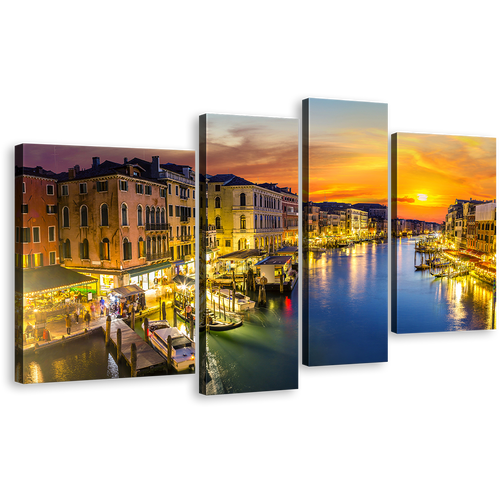 Venice Sunset Canvas Print, Beautiful Orange Italy Sky Wall Art, Blue Grand Canal River 4 Piece Multi Canvas