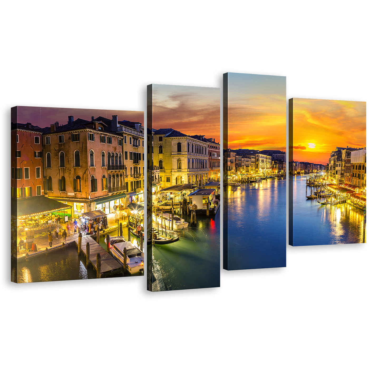 Venice Sunset Canvas Print, Beautiful Orange Italy Sky Wall Art, Blue Grand Canal River 4 Piece Multi Canvas