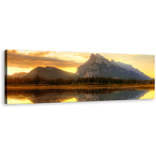 Load image into Gallery viewer, Vermillion Lake Wall Art, Yellow Sunset Sky Banff National Park Canvas Art, Grey Mount Rundle Ocean Mountains Panoramic Canvas Print
