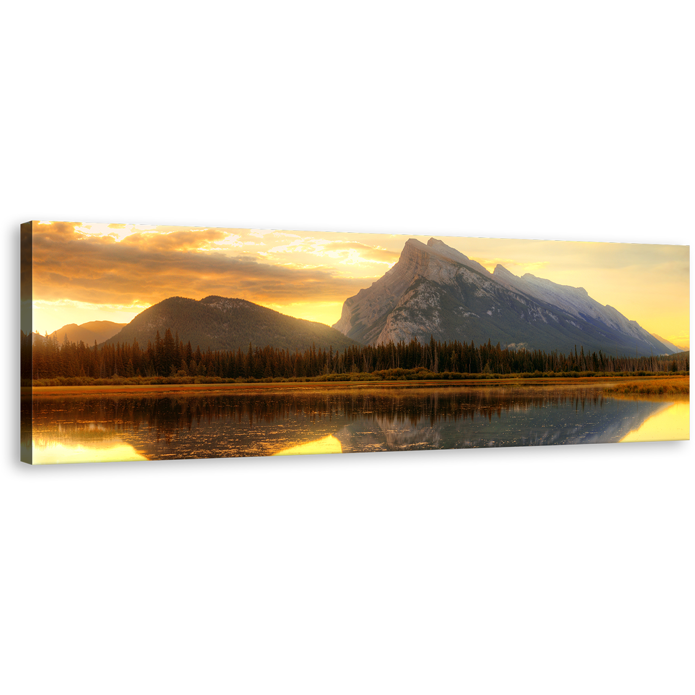 Vermillion Lake Wall Art, Yellow Sunset Sky Banff National Park Canvas Art, Grey Mount Rundle Ocean Mountains Panoramic Canvas Print