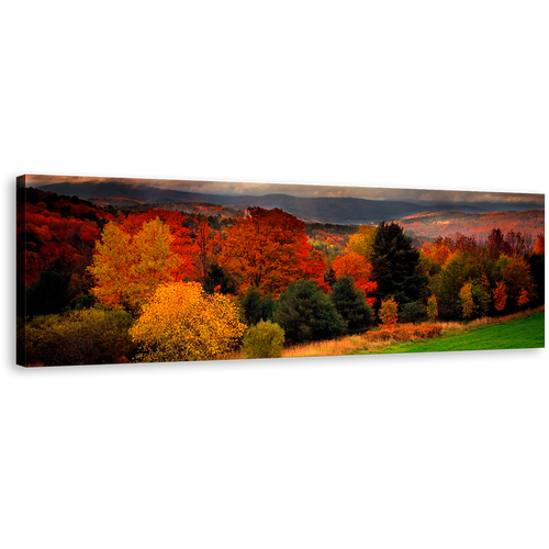 Vermont Scenery Wall Art, Yellow Forest Nature Canvas Print, Peaceful Red Trees Landscape Panoramic Canvas Art