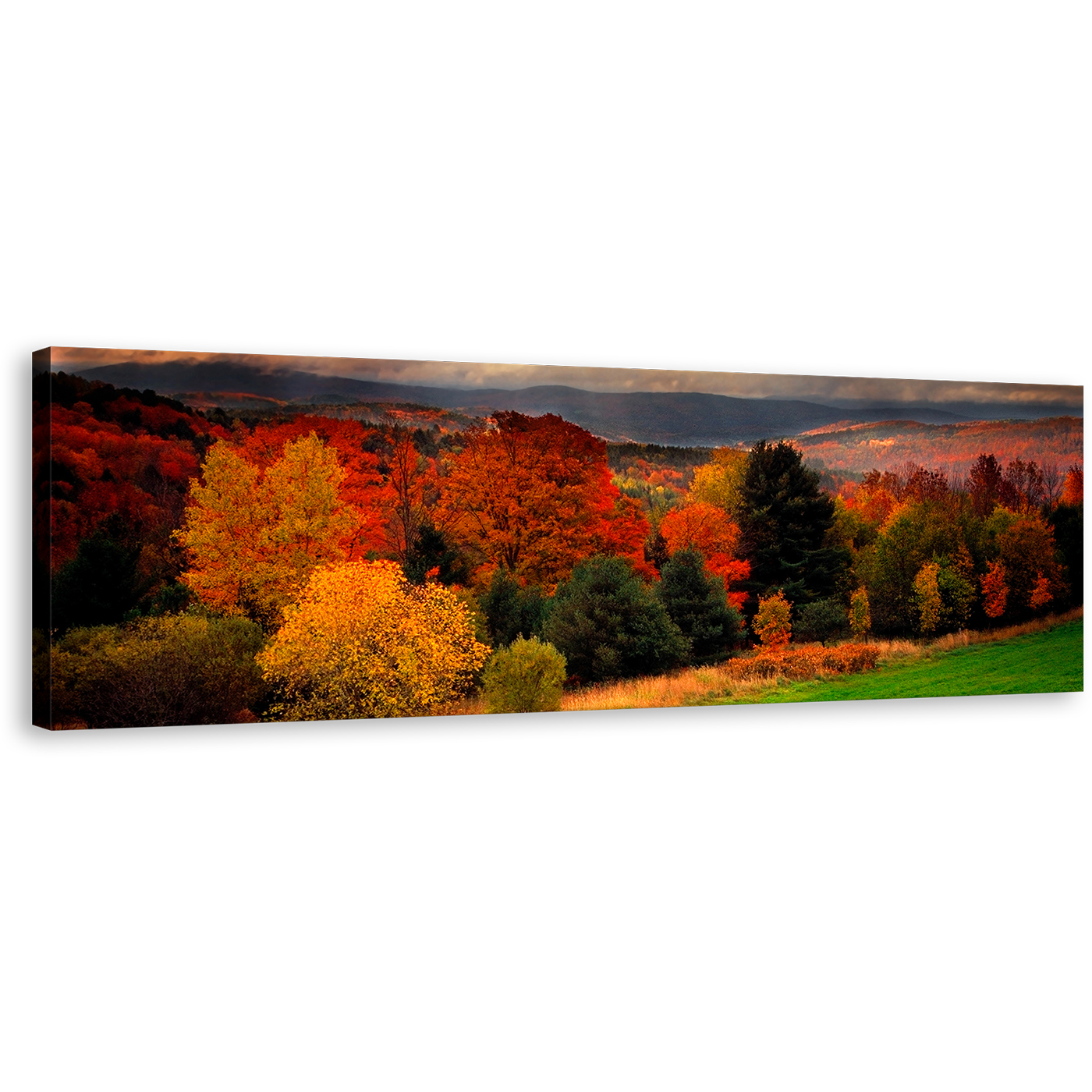 Vermont Scenery Wall Art, Yellow Forest Nature Canvas Print, Peaceful Red Trees Landscape Panoramic Canvas Art