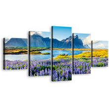 Load image into Gallery viewer, Vestrahorn Mountain Canvas Wall Art, Stokksnes Headland Scenery Beach 5 Piece Canvas Print, Blue Batman Mountain Canvas Set, Lupin Flowers Landscape Multi Canvas
