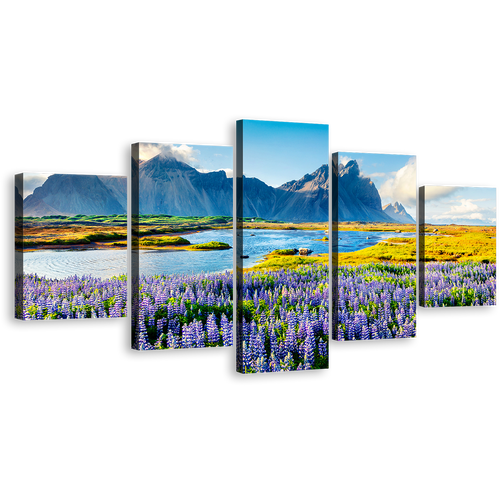 Vestrahorn Mountain Canvas Wall Art, Stokksnes Headland Scenery Beach 5 Piece Canvas Print, Blue Batman Mountain Canvas Set, Lupin Flowers Landscape Multi Canvas