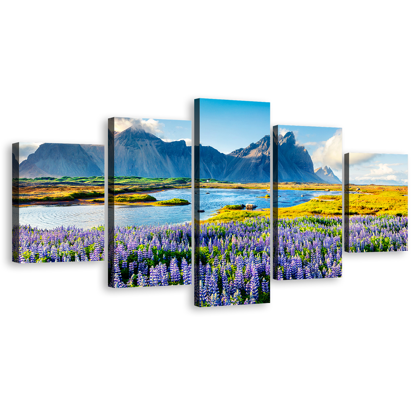 Vestrahorn Mountain Canvas Wall Art, Stokksnes Headland Scenery Beach 5 Piece Canvas Print, Blue Batman Mountain Canvas Set, Lupin Flowers Landscape Multi Canvas