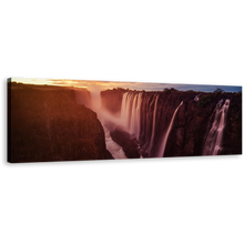 Load image into Gallery viewer, Victoria Falls Canvas Wall Art, Zimbabwe Yellow Cloudy Sunset Waterfall Canvas Print, Orange Zambezi River Waterfall Nature Panorama Canvas
