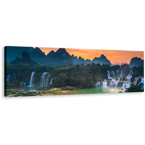 Vietnam Landscape Canvas Wall Art, Detian Waterfall Guangxi Orange Sunset 1 Piece Canvas Print, Green Banyue Scenery Waterfall Canvas Artwork