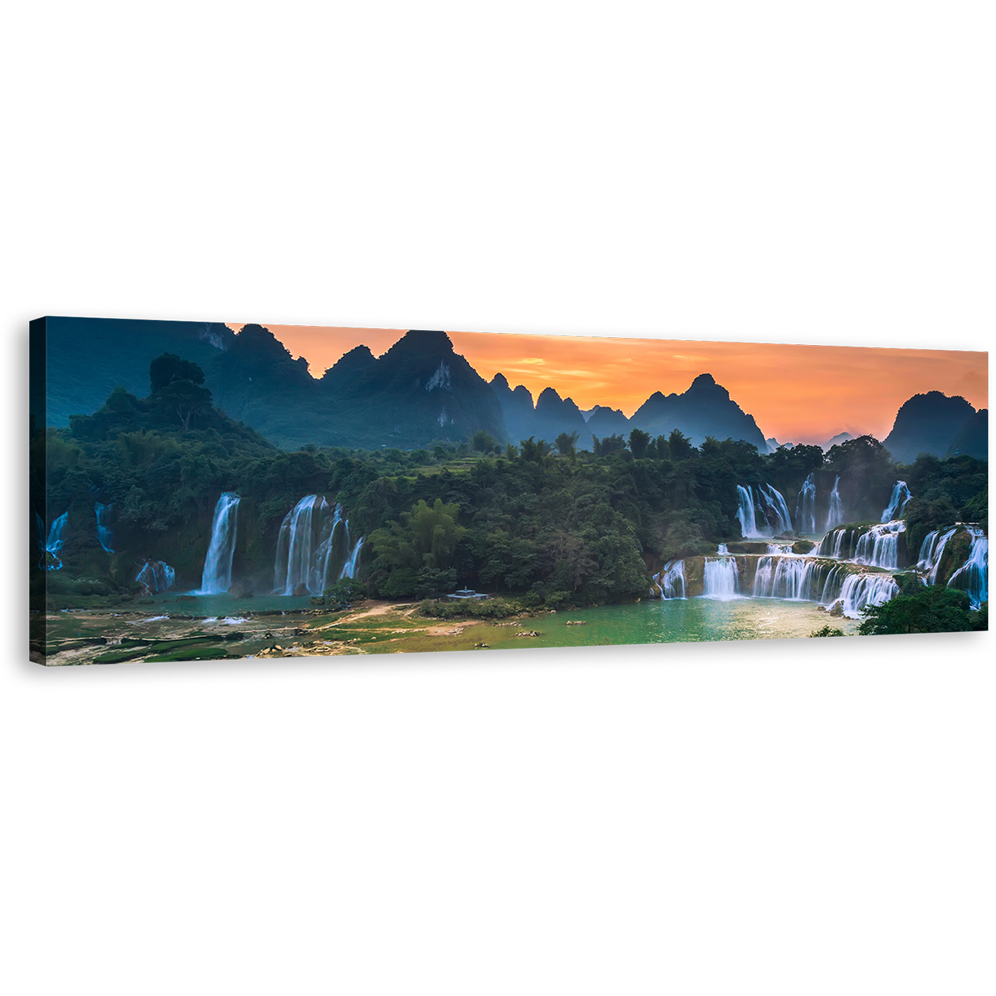 Vietnam Landscape Canvas Wall Art, Detian Waterfall Guangxi Orange Sunset 1 Piece Canvas Print, Green Banyue Scenery Waterfall Canvas Artwork