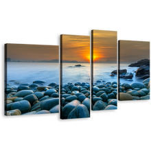 Load image into Gallery viewer, Vietnam Ocean Canvas Wall Art, Ocean Rocks Multiple Canvas, Blue Stony Beach Ocean 4 Piece Canvas Print, Quy Nhon Bay Orange Sunrise Canvas Set
