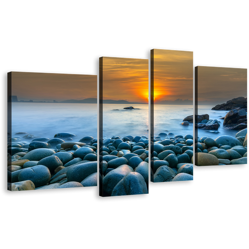 Vietnam Ocean Canvas Wall Art, Ocean Rocks Multiple Canvas, Blue Stony Beach Ocean 4 Piece Canvas Print, Quy Nhon Bay Orange Sunrise Canvas Set