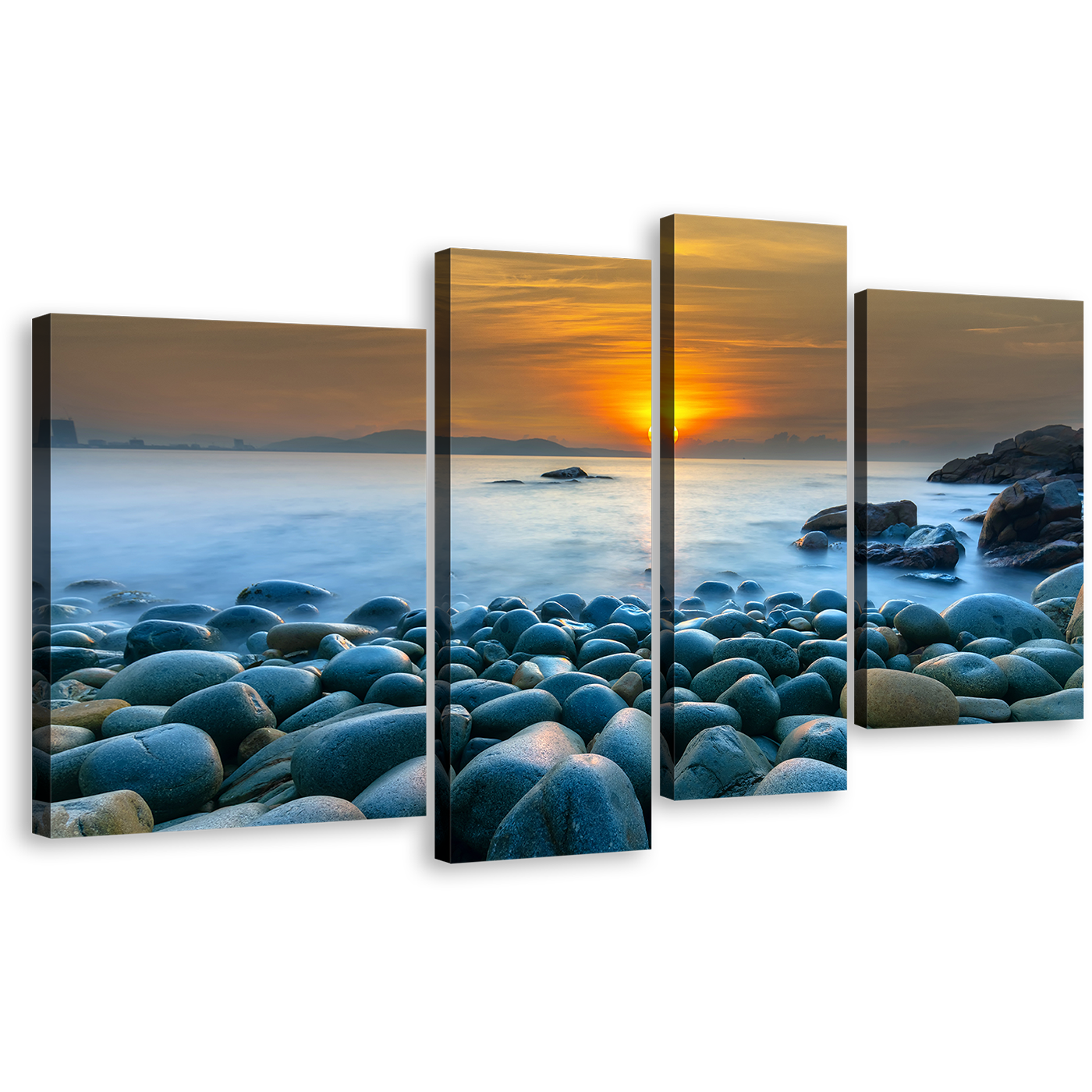 Vietnam Ocean Canvas Wall Art, Ocean Rocks Multiple Canvas, Blue Stony Beach Ocean 4 Piece Canvas Print, Quy Nhon Bay Orange Sunrise Canvas Set