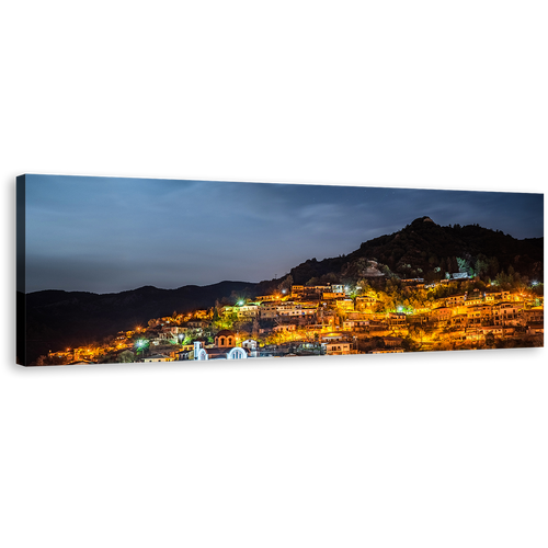 Village Mountain Canvas Print, Cyprus Grey Sky Troodos Mountains Wide Canvas, Orange Town Lights at Night 1 Piece Canvas Wall Art