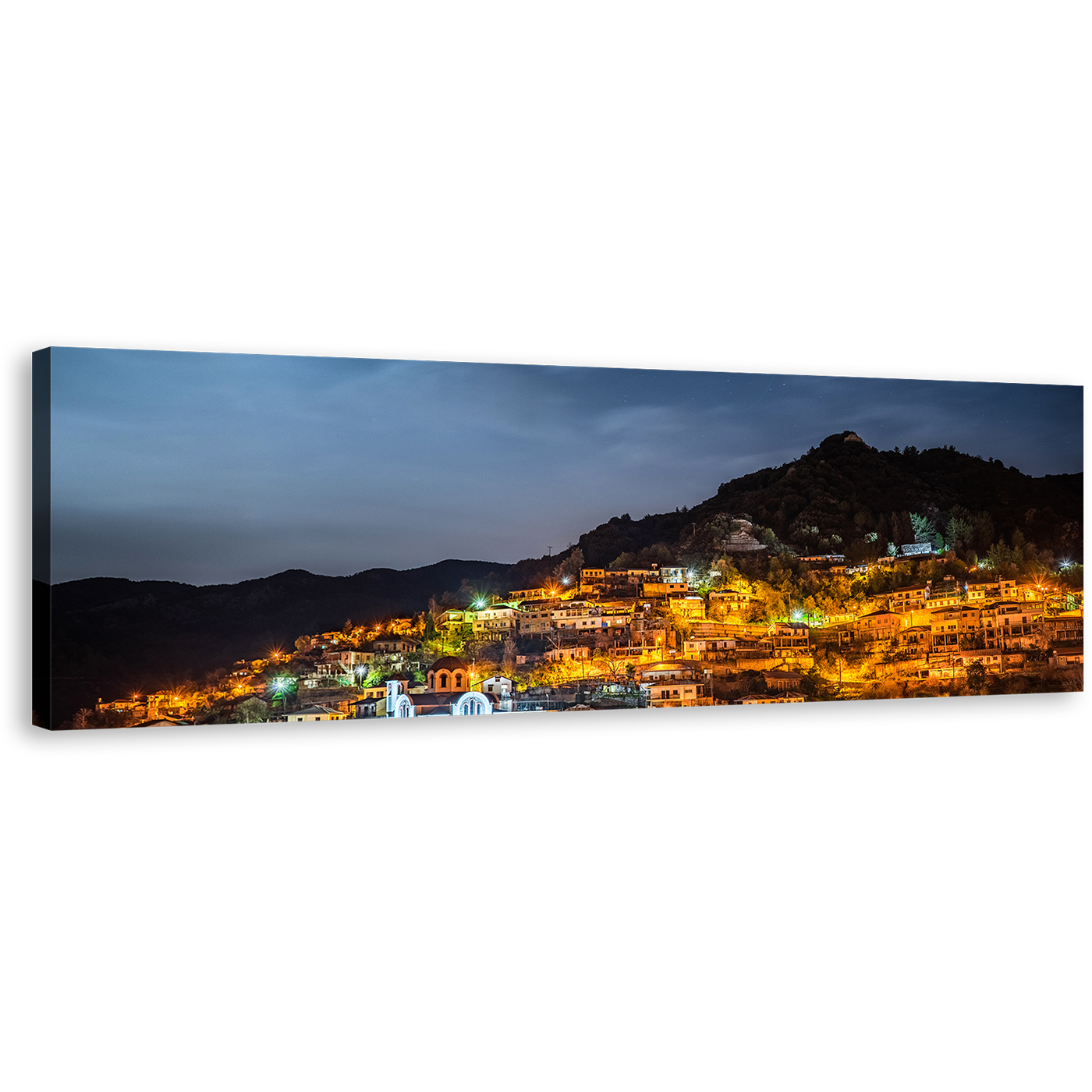 Village Mountain Canvas Print, Cyprus Grey Sky Troodos Mountains Wide Canvas, Orange Town Lights at Night 1 Piece Canvas Wall Art