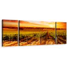 Load image into Gallery viewer, Vineyard Landscape Canvas Print, Yellow Orange Sunset 3 Piece Canvas Multi-panel Art, Green Vineyard Scenery Wall Art
