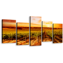 Load image into Gallery viewer, Vineyard Scenery Wall Art, Beautiful Green Vineyard Landscape Canvas Print, Yellow Orange Cloudy Sunset 5 Piece Multiple Canvas
