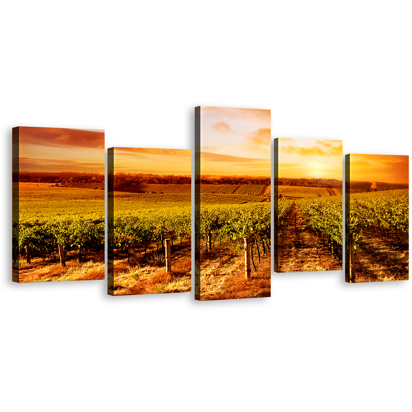 Vineyard Scenery Wall Art, Beautiful Green Vineyard Landscape Canvas Print, Yellow Orange Cloudy Sunset 5 Piece Multiple Canvas