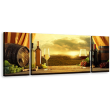 Load image into Gallery viewer, Vineyard Sunset Canvas Print, Brown Drinks Barrels Wall Art, Red White Wine Bottles Triptych Canvas Set
