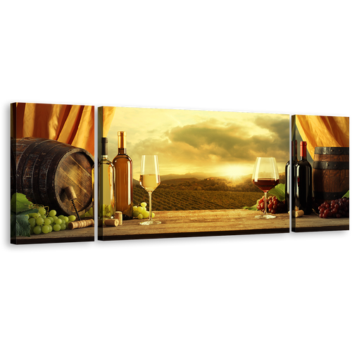 Vineyard Sunset Canvas Print, Brown Drinks Barrels Wall Art, Red White Wine Bottles Triptych Canvas Set