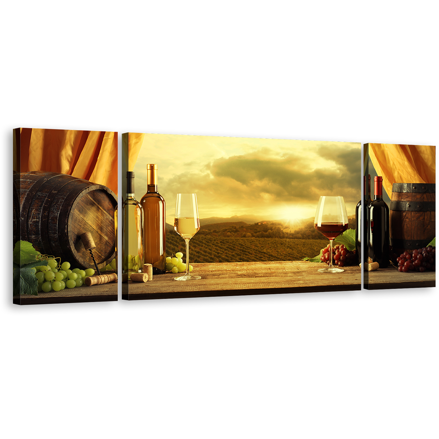 Vineyard Sunset Canvas Print, Brown Drinks Barrels Wall Art, Red White Wine Bottles Triptych Canvas Set