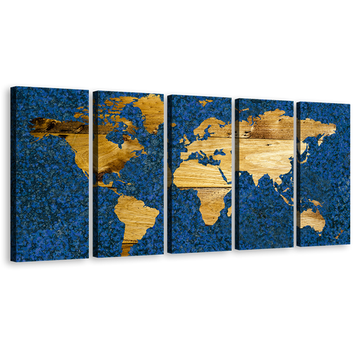 Vintage Map Canvas Wall Art, Blue Flat World Multiple Canvas, Yellow Abstract World Map 5 Piece Canvas Print