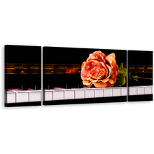 Load image into Gallery viewer, Vintage Rose Canvas Wall Art, Isolated Pink Rose 3 Piece Canvas Print, White Black Piano Keyboard Triptych Canvas Set
