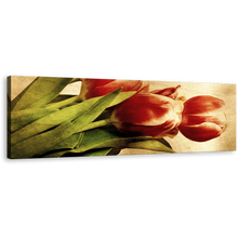 Load image into Gallery viewer, Vintage Tulip Panorama Canvas Print, Red Flowers Panoramic Wall Art, Green Leaves Floral Canvas Artwork
