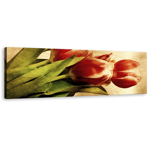 Vintage Tulip Panorama Canvas Print, Red Flowers Panoramic Wall Art, Green Leaves Floral Canvas Artwork