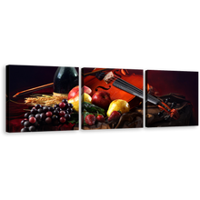 Load image into Gallery viewer, Violin Fruits Canvas Wall Art, Wine Bottle 3 Piece Canvas Print, Colorful Fruits Still Life Wine Canvas Set
