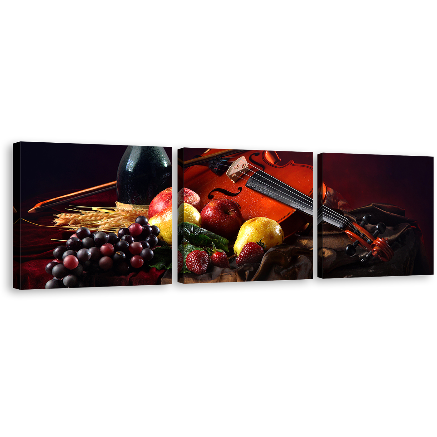 Violin Fruits Canvas Wall Art, Wine Bottle 3 Piece Canvas Print, Colorful Fruits Still Life Wine Canvas Set