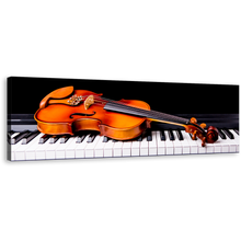 Load image into Gallery viewer, Violin Music Canvas Wall Art, Black Piano Panoramic Canvas Print, Orange Musical Instrument Canvas Artwork
