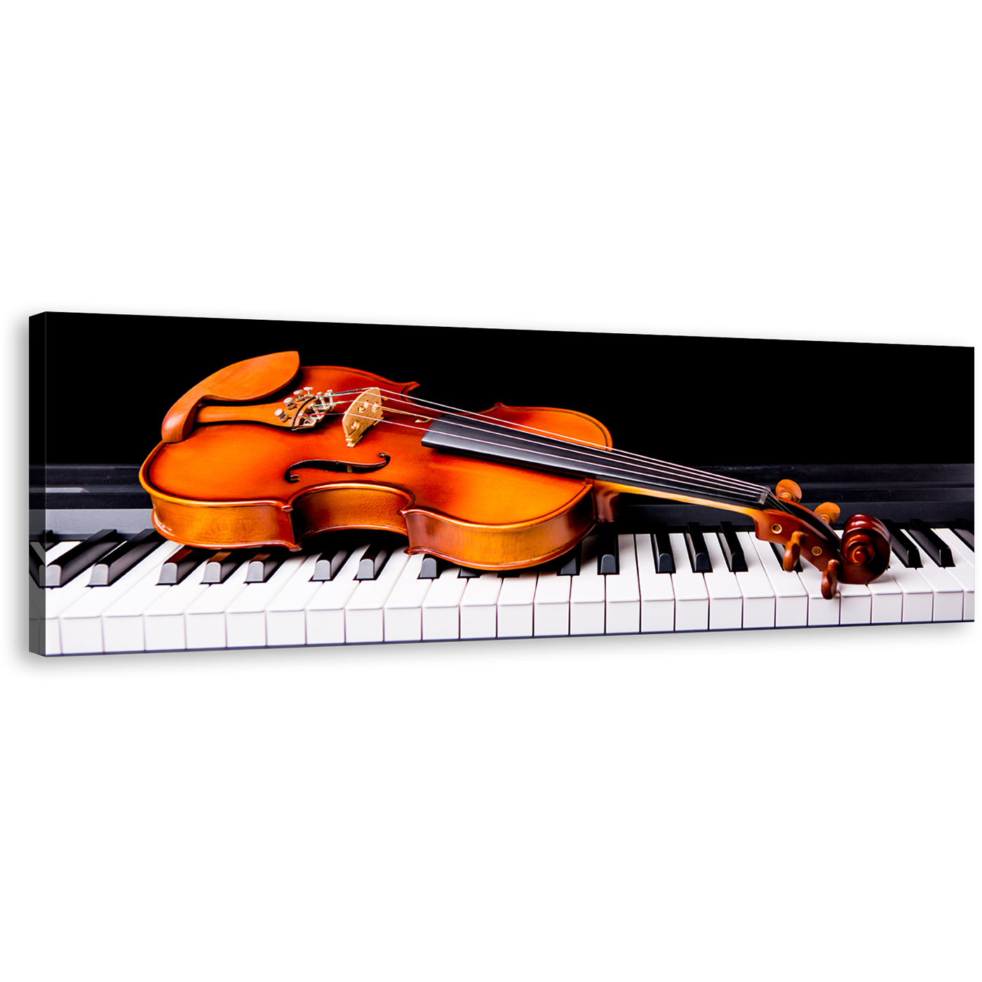 Violin Music Canvas Wall Art, Black Piano Panoramic Canvas Print, Orange Musical Instrument Canvas Artwork