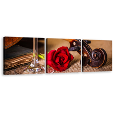 Load image into Gallery viewer, Violin Scroll Canvas Wall Art, Romantic Brown Violin Multi Canvas, Red Rose Flower 3 Piece Canvas Print
