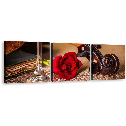 Violin Scroll Canvas Wall Art, Romantic Brown Violin Multi Canvas, Red Rose Flower 3 Piece Canvas Print