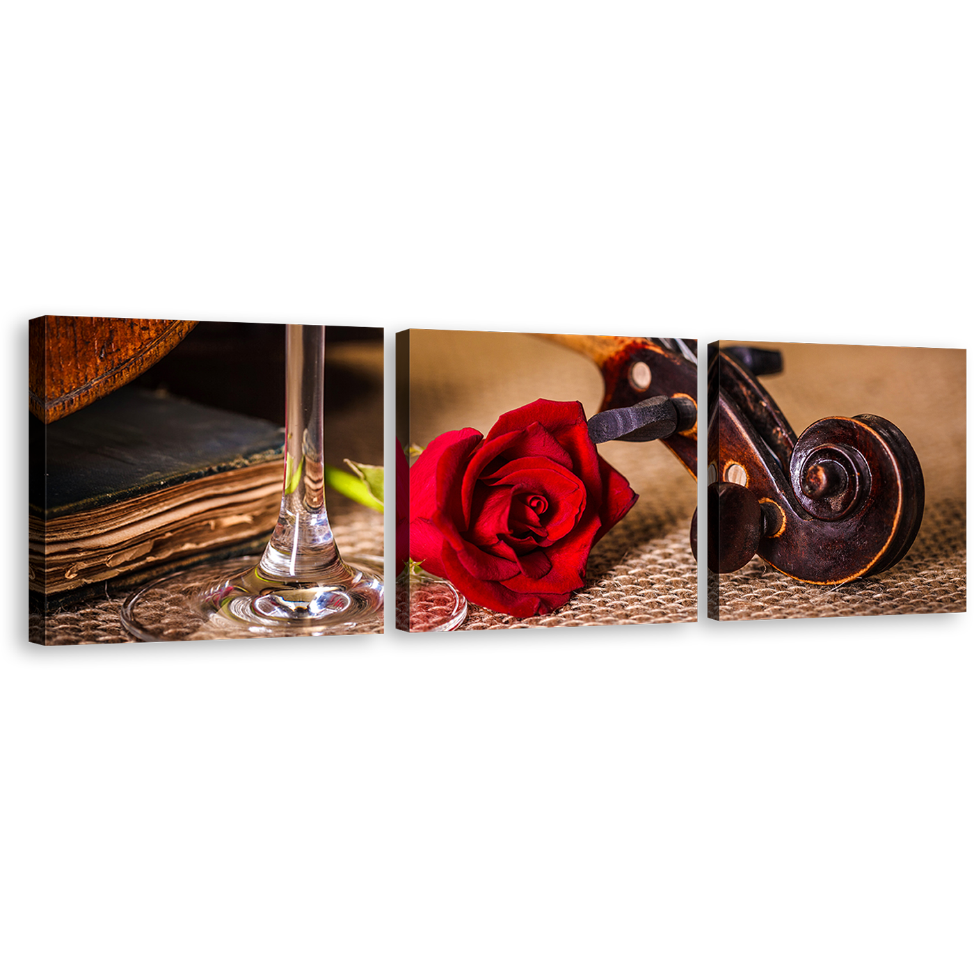 Violin Scroll Canvas Wall Art, Romantic Brown Violin Multi Canvas, Red Rose Flower 3 Piece Canvas Print