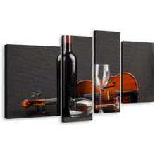 Load image into Gallery viewer, Violin Wine Canvas Wall Art, Wine Glasses and Brown Violin 4 Piece Canvas Print, Black Wine Bottle Multi Canvas Artwork
