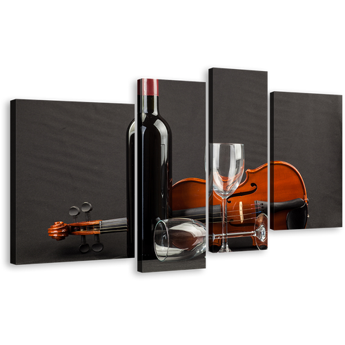 Violin Wine Canvas Wall Art, Wine Glasses and Brown Violin 4 Piece Canvas Print, Black Wine Bottle Multi Canvas Artwork