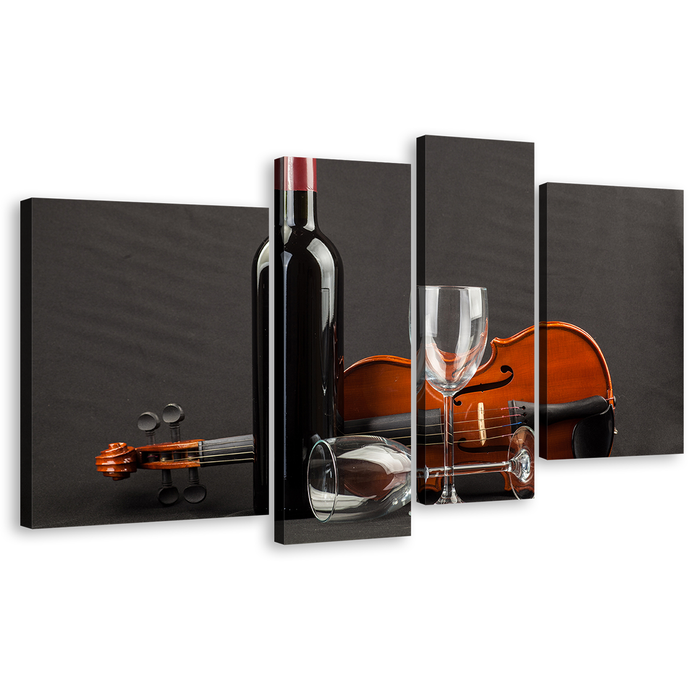 Violin Wine Canvas Wall Art, Wine Glasses and Brown Violin 4 Piece Canvas Print, Black Wine Bottle Multi Canvas Artwork