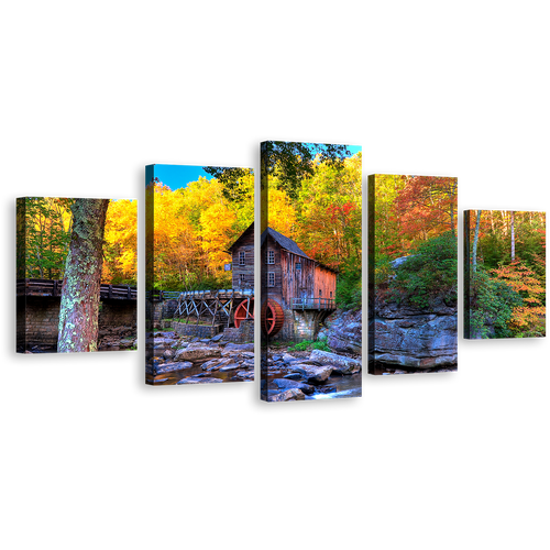 Virginia Clifftop Wall Art, Yellow Trees Fall Mountain River Multiple Canvas, Old Grist Mill Green Babcock State Park 5 Piece Canvas Print