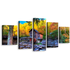 Virginia Clifftop Wall Art, Yellow Trees Fall Mountain River Multiple Canvas, Old Grist Mill Green Babcock State Park 5 Piece Canvas Print